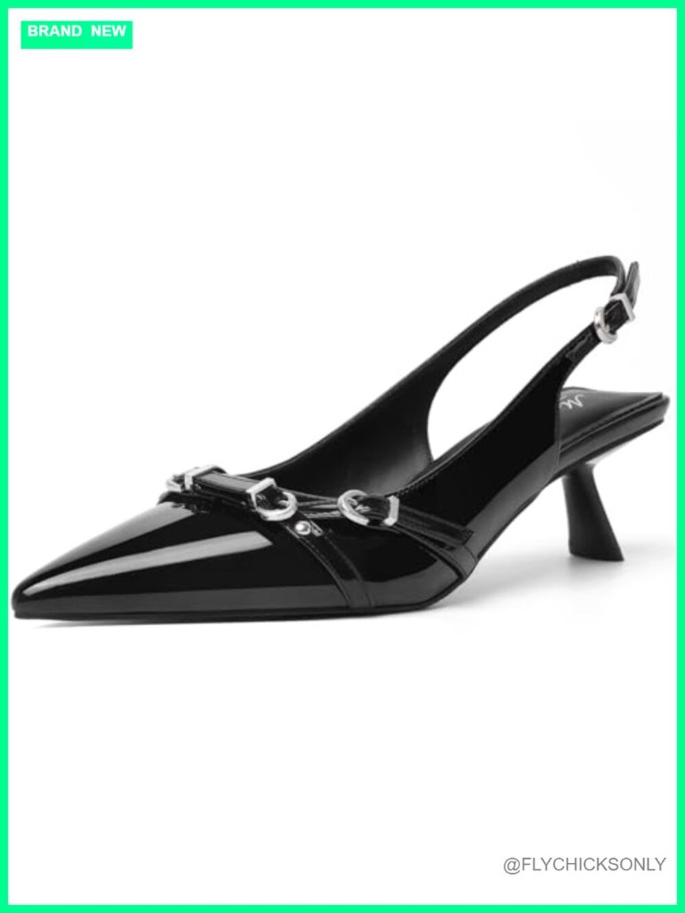 Kitten Heels Pointed Toe Patent Leather Slingback Pumps with Buckle
